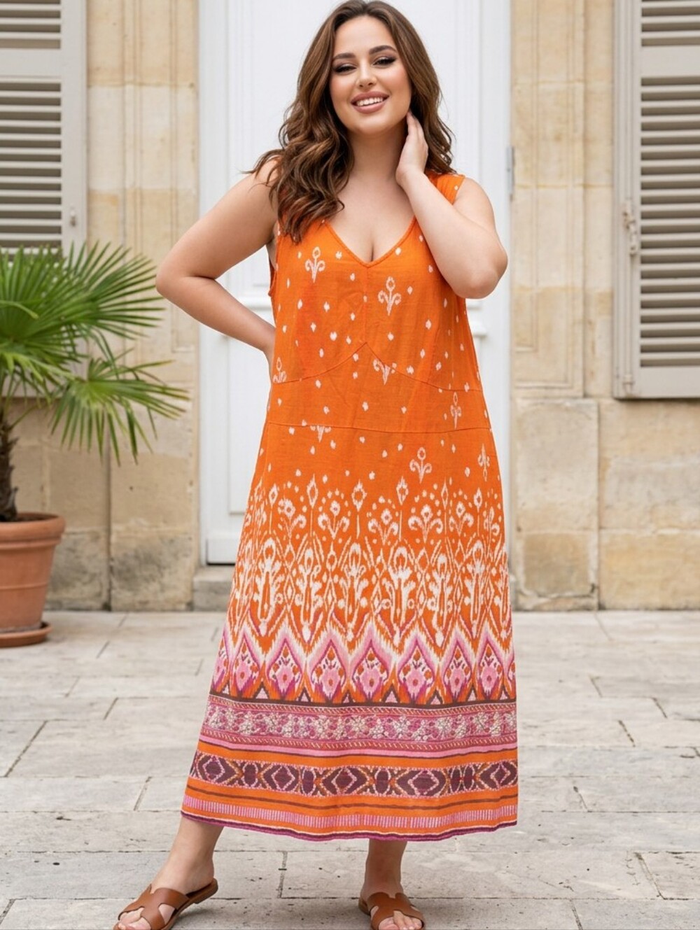 Avenue Linen Orange Pink Floral Aztec Design Midi Dress Sz 20